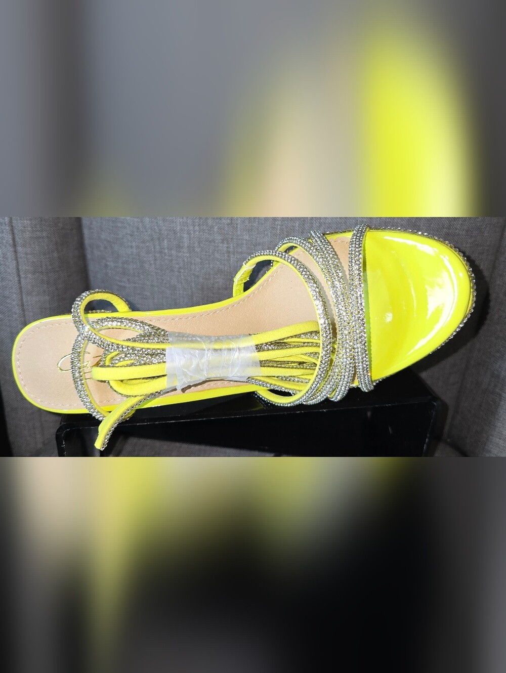 Luminous Yellow Rhinestone Lace-Up Platform Heels - Picture 14 of 15